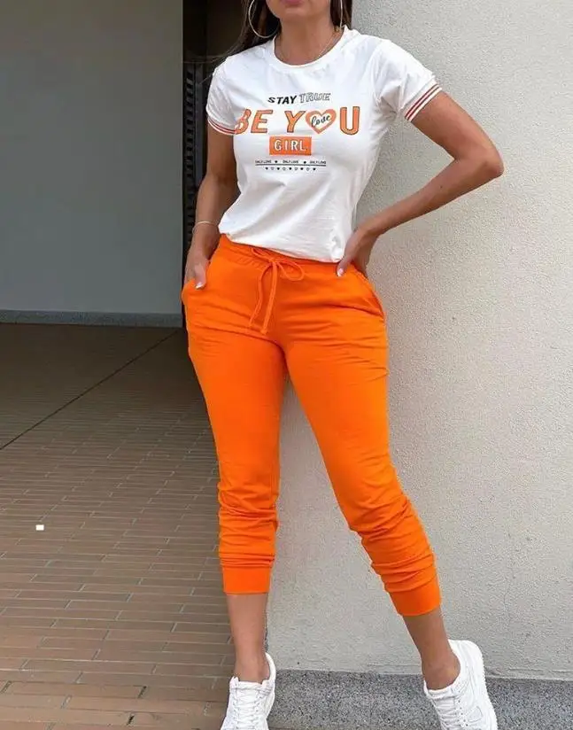 

Stay True Be You Girl Printed Stripe Short Sleeve Top and Drawstring Pants Set 2023 New Hot Selling Fashion Women's Wear