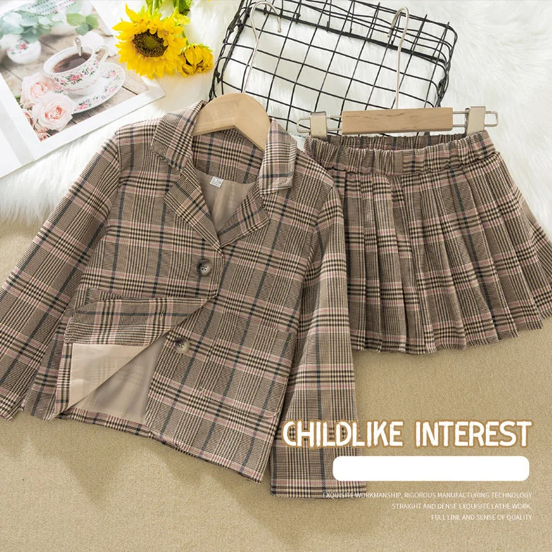 Fashion Wedding Kids Suit for Girls Formal Pant Suits for Teenager 2PCS Blazer Set Brand Plaid Children Wedding Jacket Skirt Set