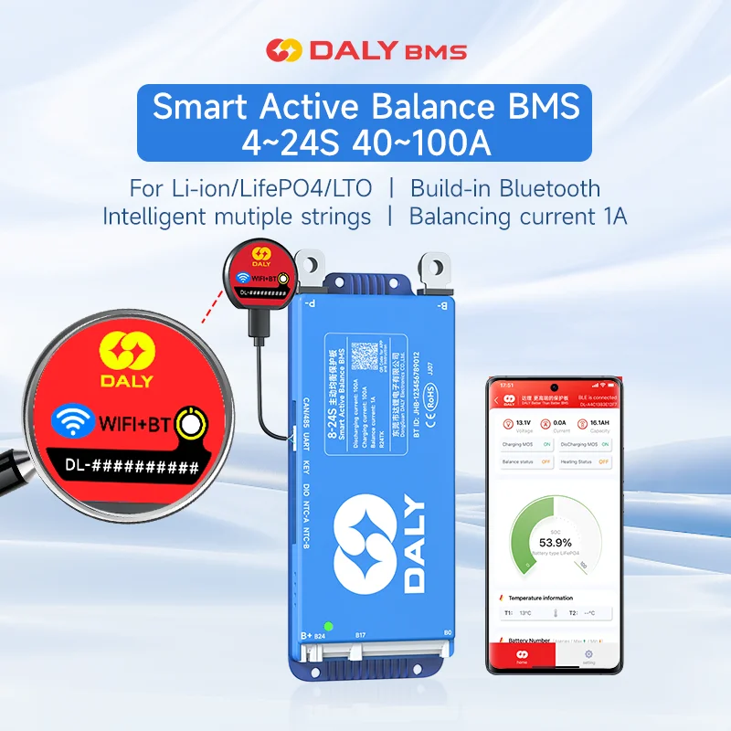 

Daly 100 BMS 4S-24s 100A 150A 200A Smart Active Balance 8S-17S 4S-8S 8S-24S BMS Lifepo4 3.2V Li-Ion 3.7V Bluetooth APP