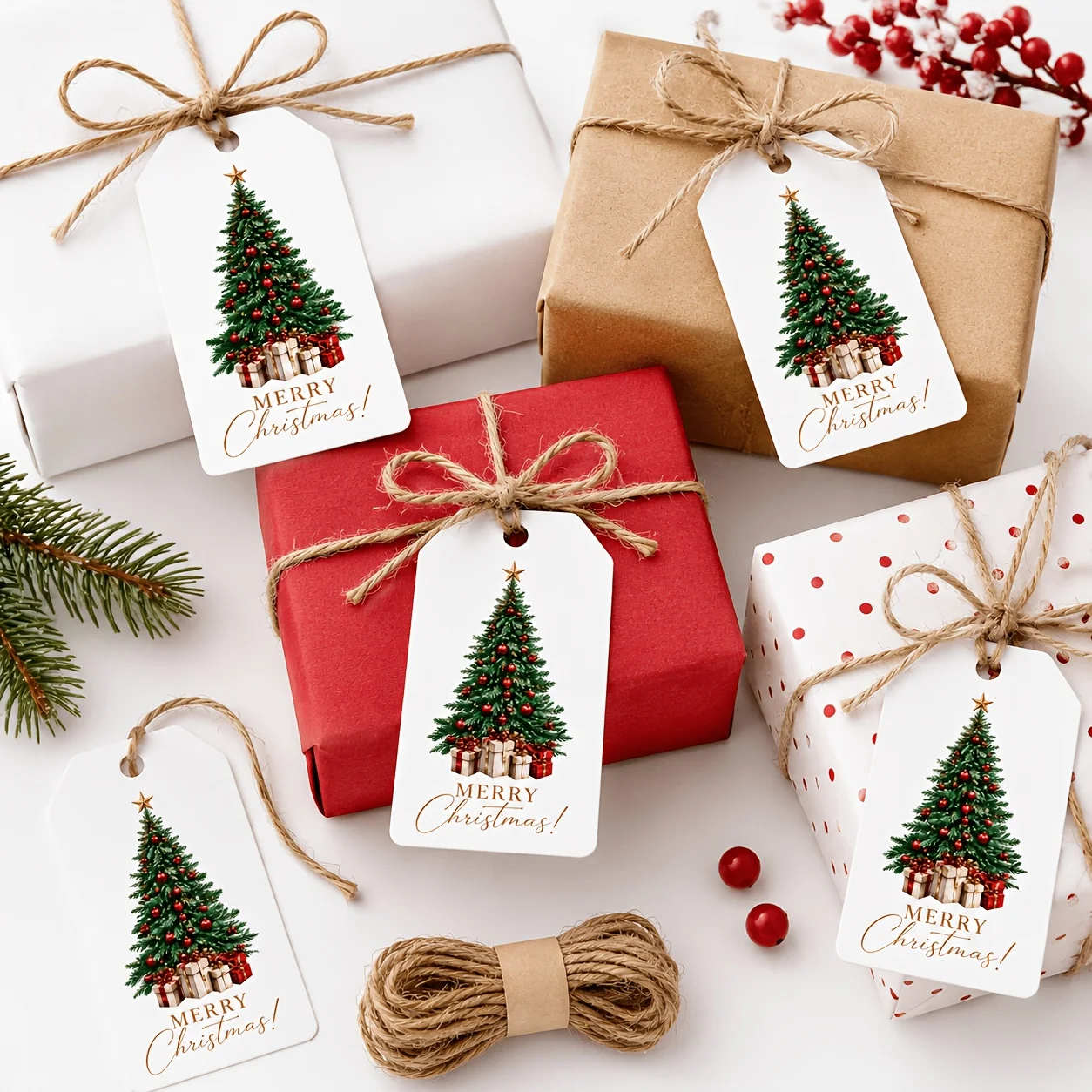 50Pcs Christmas Tree Gift Tags with Jute String, Merry Christmas Paper Hanging Labels for Holiday Gift Packaging