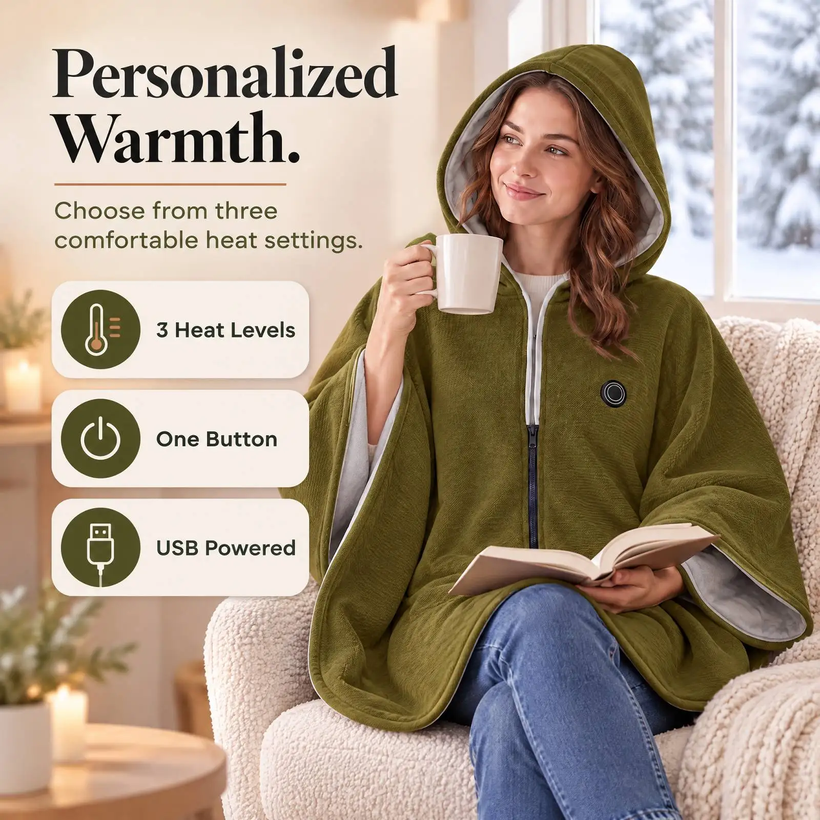 Heated Shawl with Hood, USB Heated Wearable Blanket, Zip Front Hooded Cape, Cordless Heated Shawl Wraps for Women, Winter Gift