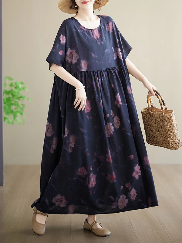 

Fashionable Printed Long Dress Slim Fit round Neck Short Sleeve Thin Cotton Citywalk A-Line Skirt for Ladies Summer New Style