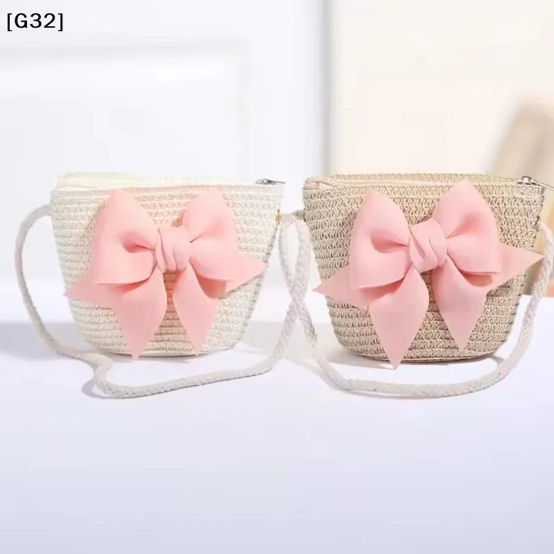 Bow Straw Shoulder Bags Baby Girls Handmade Woven Crossbody Bag Princess Kids Messenger Bags Mini Coin Purse Beach Handbags【G32】