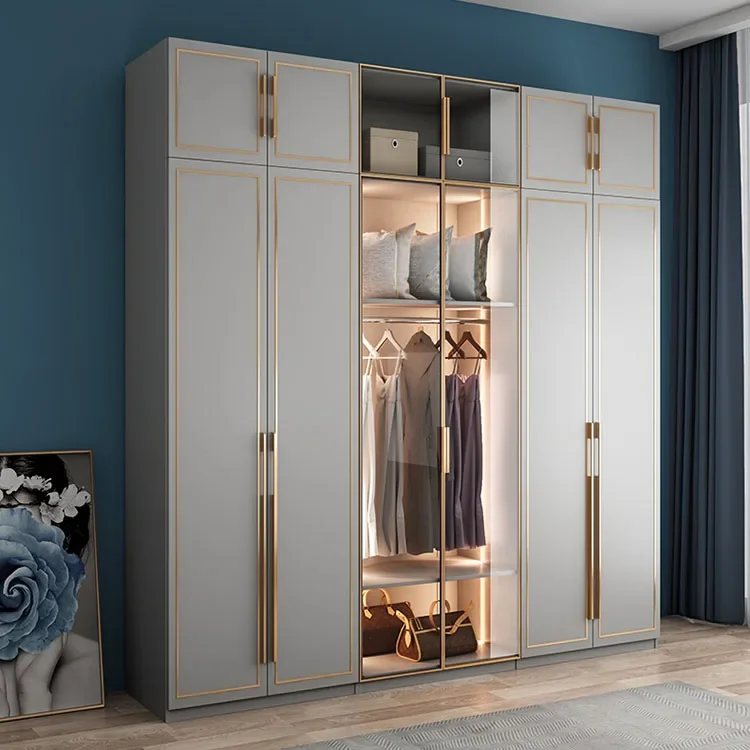 Door Large Wardrobe Minimalist Glass Door Wooden Luxury Modern Bedroom 2.4 M 6 Bedroom Furniture 1 Set Clothing Rack Bedroom