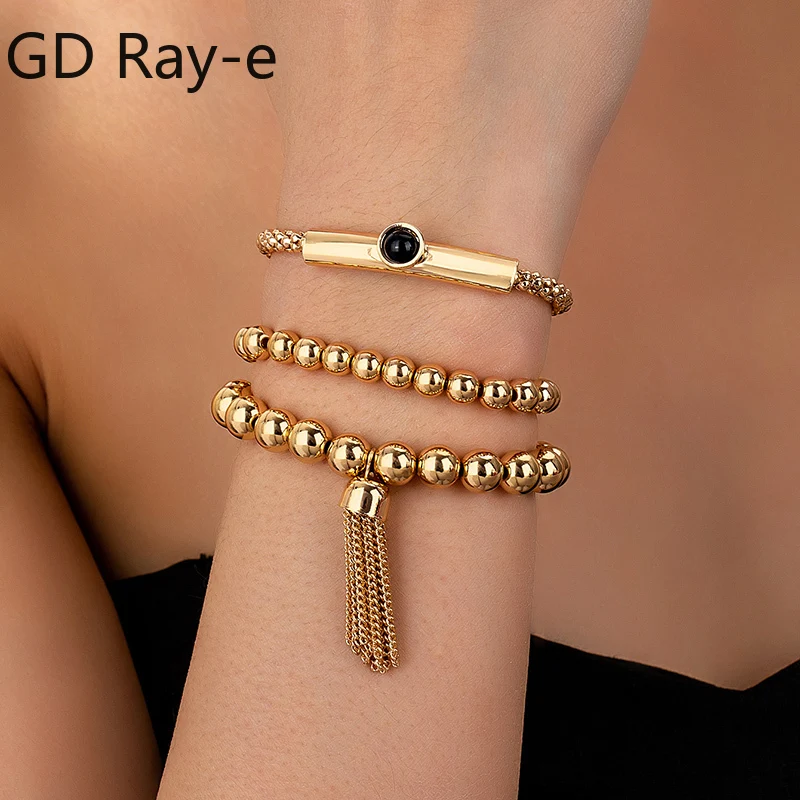 

Bohemian Metal Round Bead Bracelet for Women Wedding Gold-plated Tassel Pendant Stretch Bracelet Bangle Hand Jewelry Set