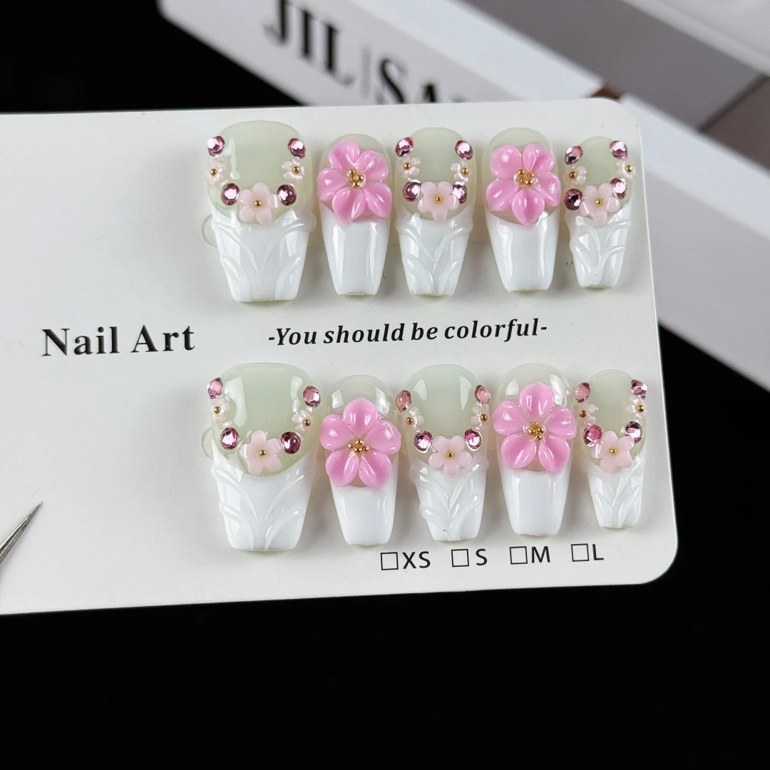 10pcs high-end Light luxury, fresh and elegant style, hand-painted three-dimensional patterns, contrasting colors, tiny diamonds