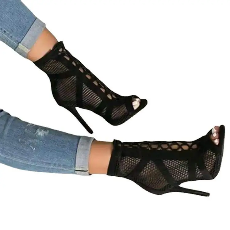 New Fashion show Black Net Fabric Cross strap Sexy high heel Sandals Woman shoes Pumps Lace-up Peep Toe Sandals Casual Mesh