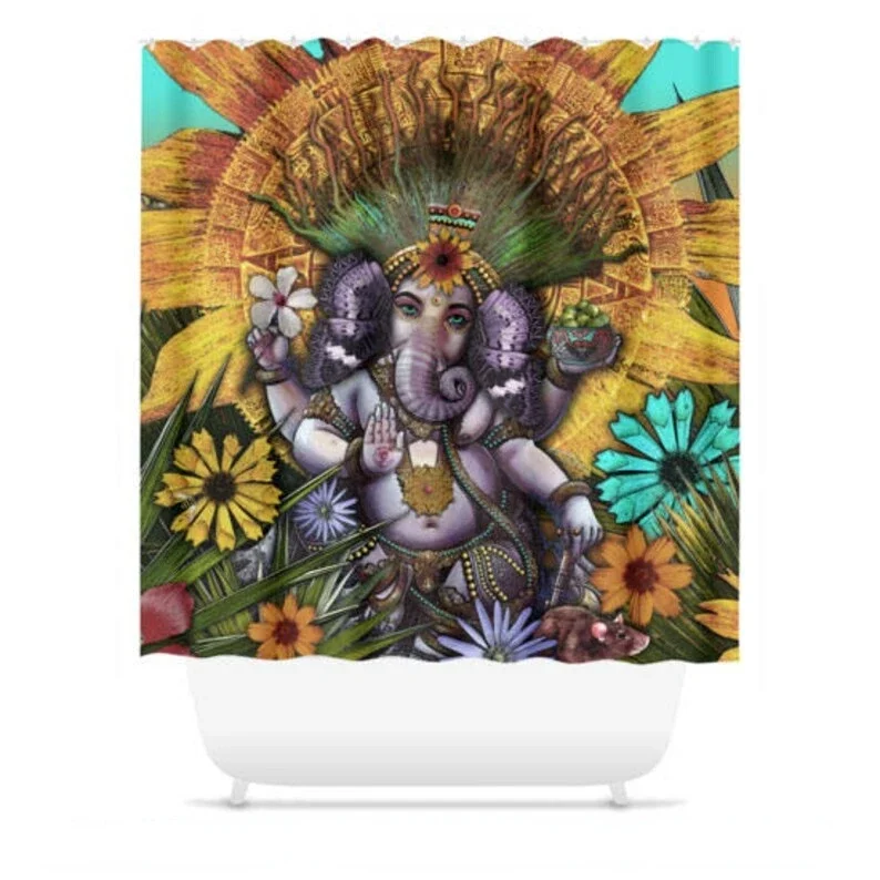 Floral Ganesh Shower Curtain Bathroom Decor Hindu Mayan Art By Artist Christopher Beikmann