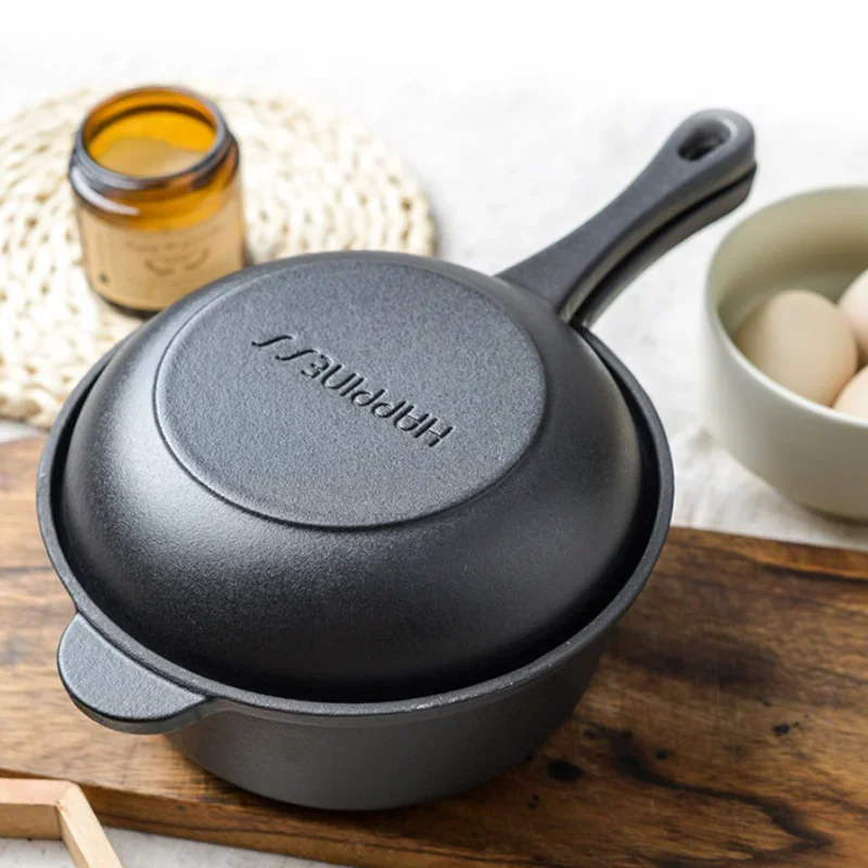 Juego de sartén de hierro fundido de 18 cm, olla de horno holandesa de hierro fundido 2 en 1 con tapa de sartén, juego de utensilios de cocina