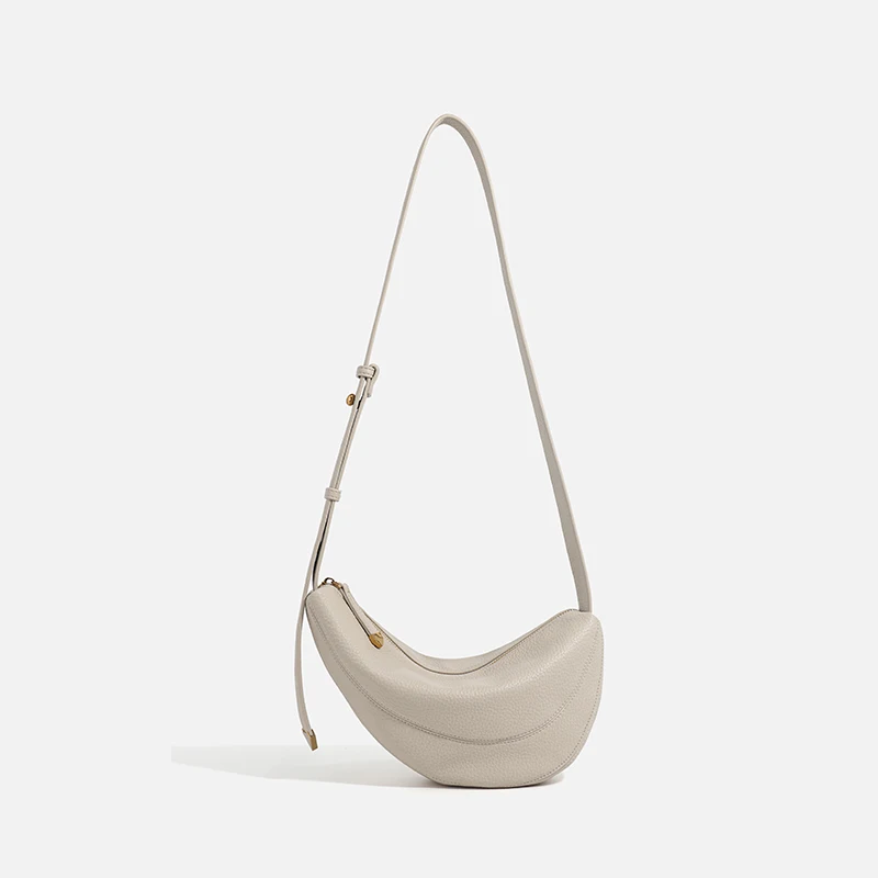 Women Off White Cream Genuine Leather Crescent Moon Shoulder Bag Small Hobo Crossbody Bag with Adjustable Strap Gold Hardware Mi