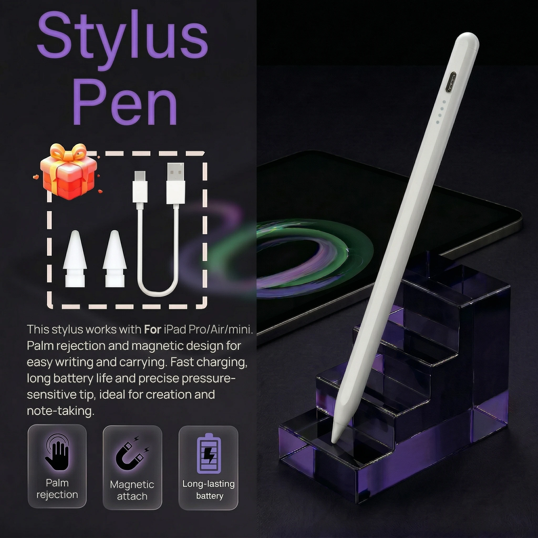 Stylus Pen for iPad 2018-2026, Fast Charging Stylus with Palm Rejection, Magnetic Side Attachment, Long Battery Life, Compatible