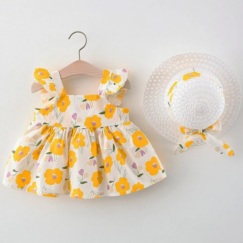 2 Stück Set Sommer Baby Mädchen Kleidung Mode süße Blumen ärmellose Baumwolle Kinder Kleider Prinzessin Kleid Neugeborene Kleidung BC1178-1