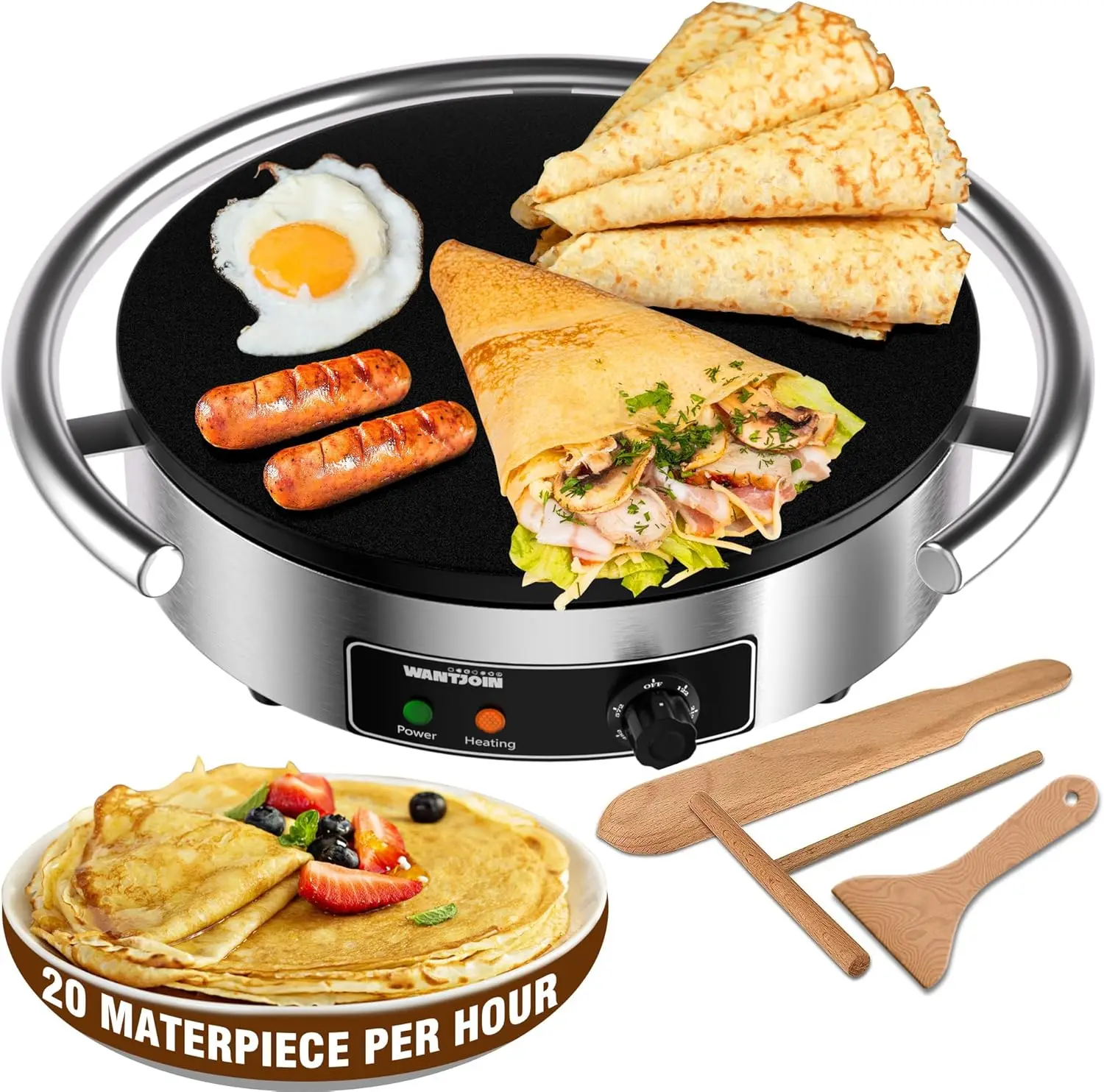 Commercial Electric Crepe Maker 16 Inch 110V Non-Stick 1700W Electric Crepe Machine Adjustable Temperature Control 403 Stainless