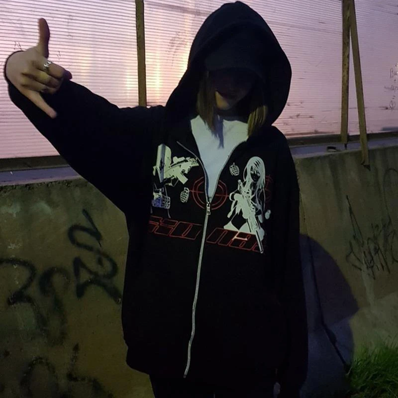 Y2K Zip up Hoodie anime graphics Women's hooded autumn Sweatshirt Sport Coat Pullover grunge Gothic Long Sleeve Oversized jacket