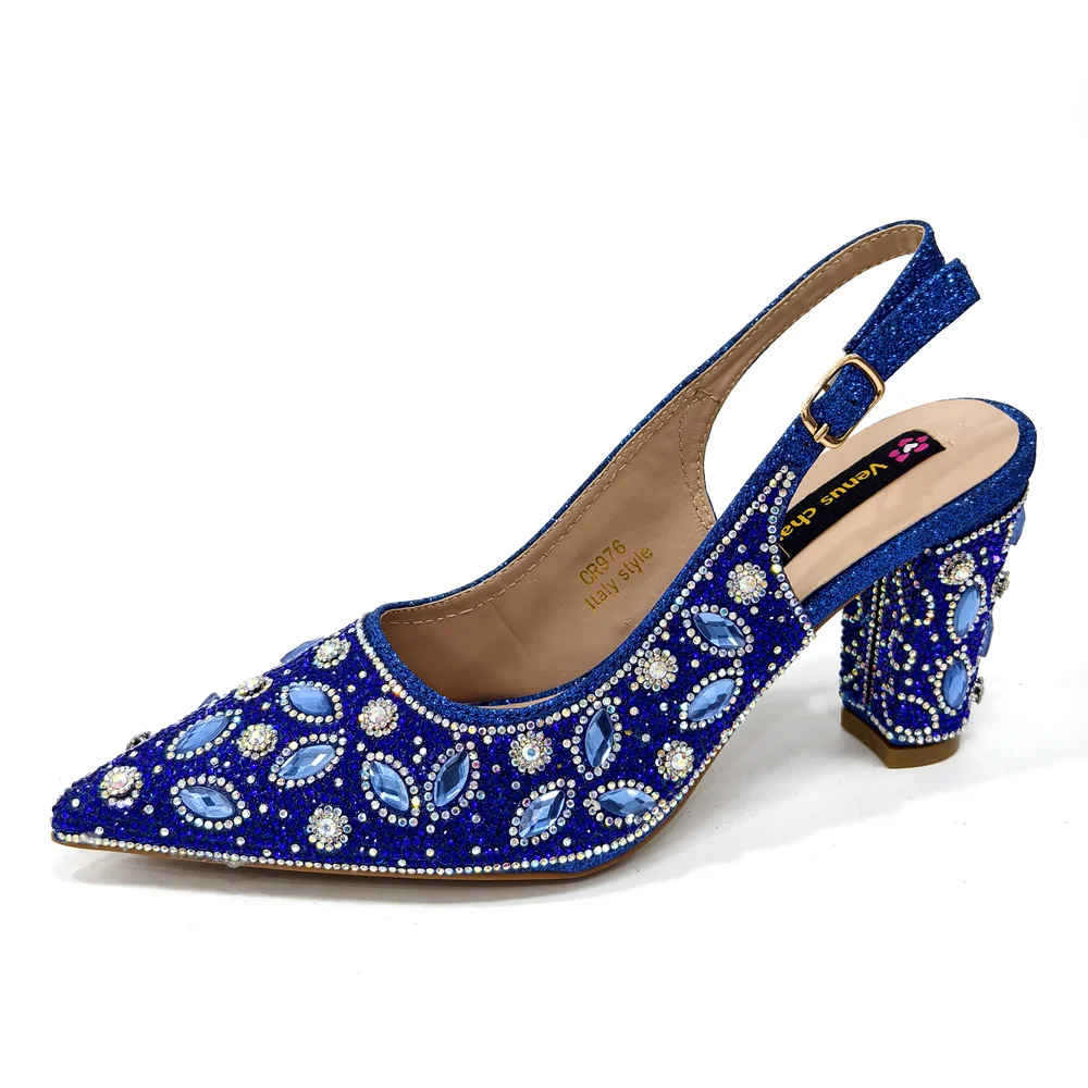 Venus Chan 2025 Elegant Nigerian Women\'s Blue Heels and Rhinestone Handbag Set - Italian Design for Weddings and Parties