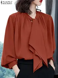 ZANZEA Women Vintage Blouse Fashion Bandage Collar Shirt 2024 Spring Solid Office Tops Holiday Long Puff Sleeve Tunics Oversized