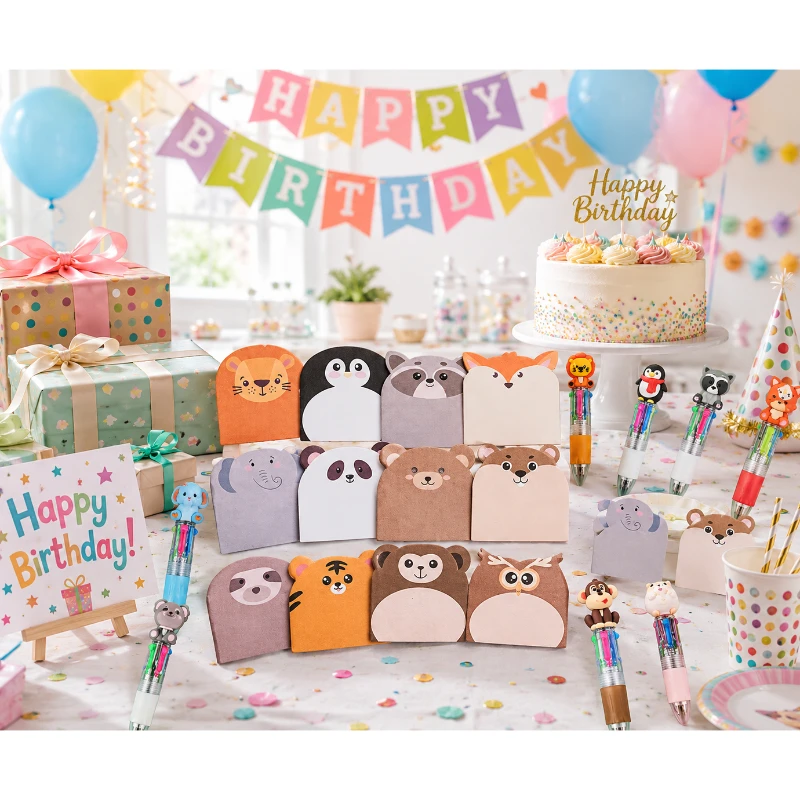 24pcs Animal Ballpoint Pen Sticky Note Stationery Set, Total 12pcs Mini 4-Color Animal  Pens And 12pcs Animal Sticky Notes