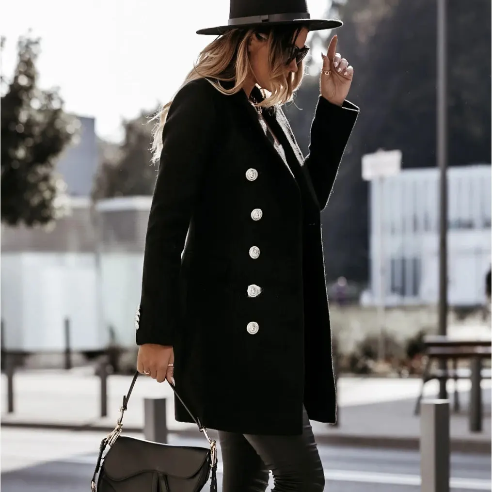 Women Woolen Coat Blends Jacket Double-breasted Long Suit Trench Outwear Button Down Solid Warm Autumn Winter Clothing Elegant