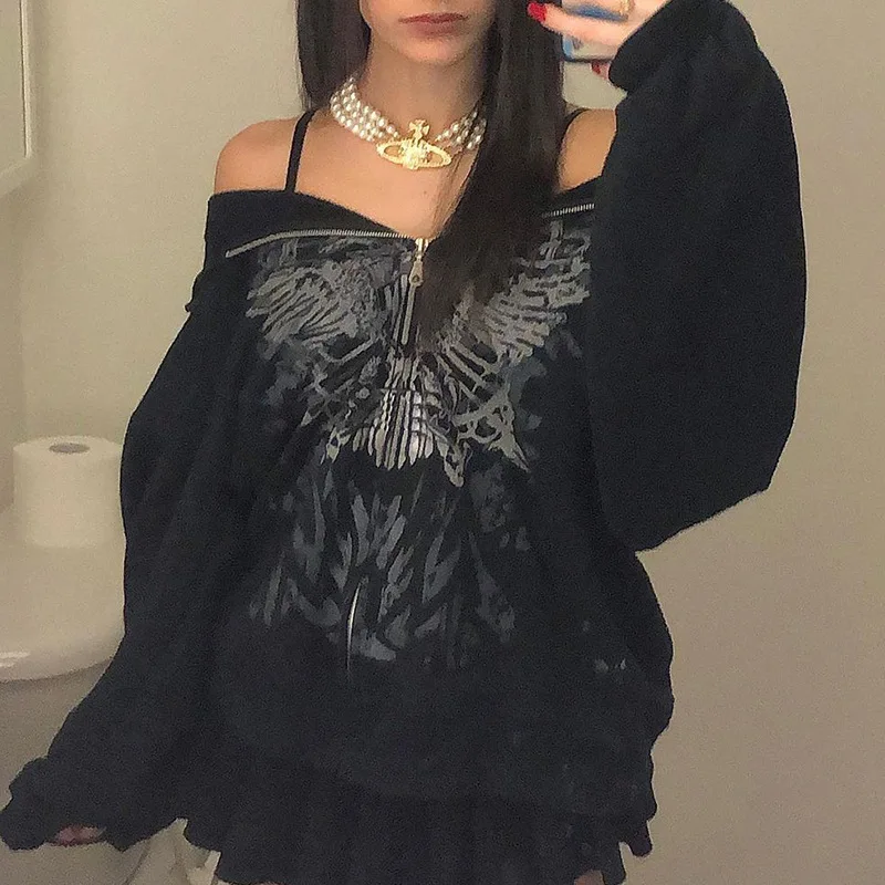 

Y2K Print Hoodies Women Gothic Grunge Long Sleeve Oversize Zip Up Jacket Autumn Winter Harajuku Hooded Sweatshirt Streetwear