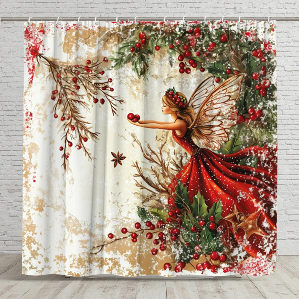 1pc Vintage Red Angel with Wings & Holly Berry Christmas Shower Curtain - Elegant Holiday Bath Decor Suitable for Bathtub/Shower