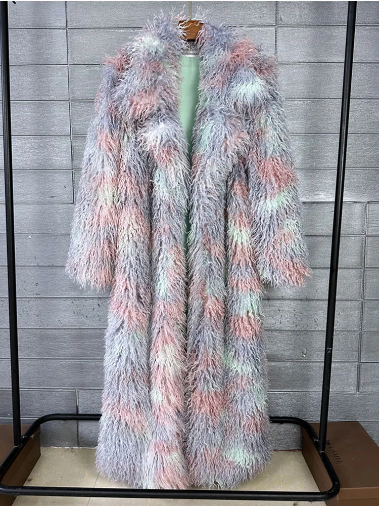 ZADORIN 130 cm Lange Bunte Revers Mongolischen Pelzmantel Frau Dicke Warme Flauschigen Faux Pelz Jacke Mäntel Winter Kleidung Frau kleidung