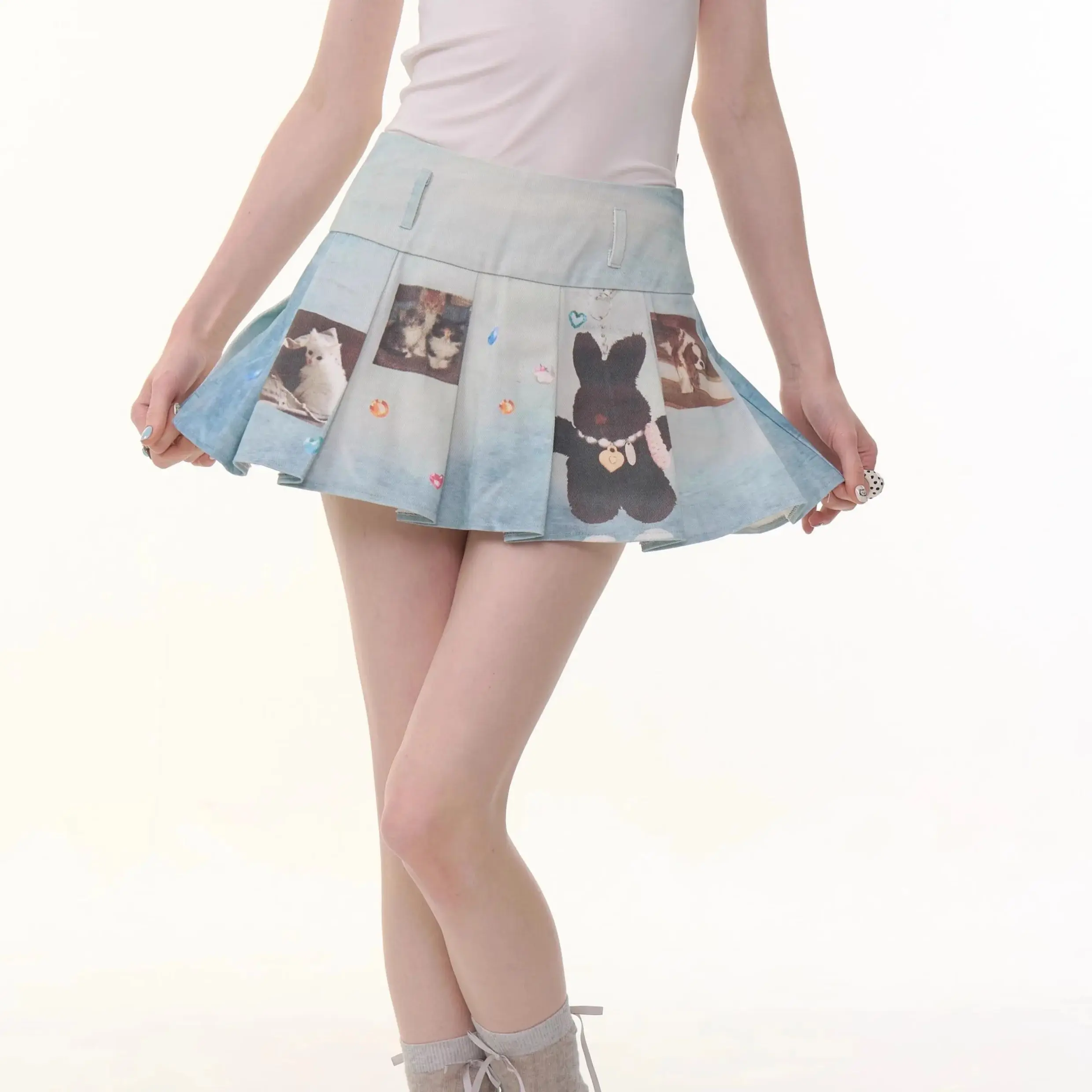 New Fashion Cartoon Printed Denim Skirt Women High Waist Slim Mini Skirts Summer A-line Pleated Retro Jupe Streetwear Y2k