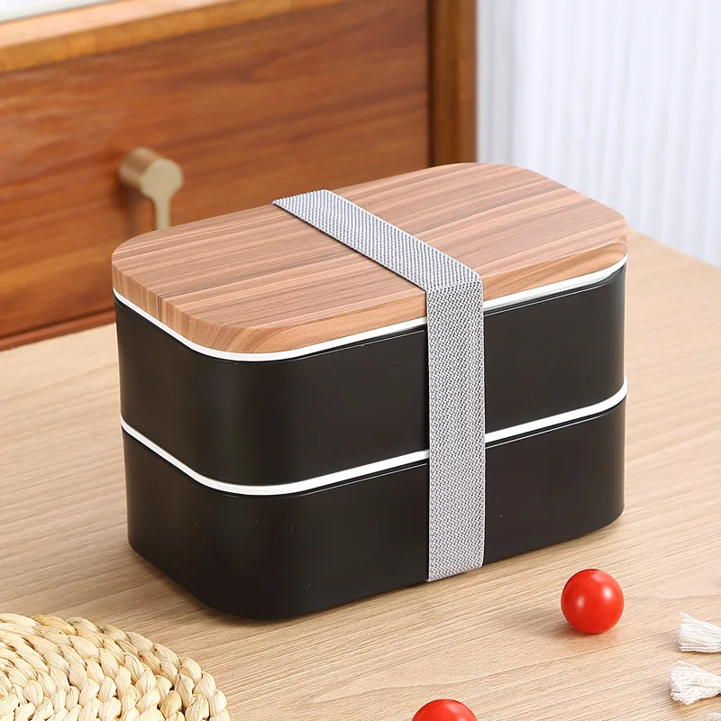 Hot Selling INS Wood Grain Double Layer Plastic Lunch Box Microwave Oven Adult Lunch Box Bento Box Lunch Box