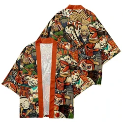 Cardigan imprimé chat samouraï démon pour femmes et hommes, streetwear, kimono traditionnel Haori, vêtements de plage japonais Harajuku