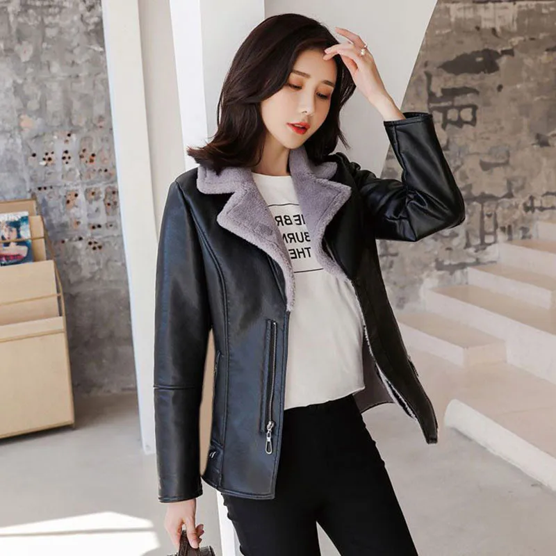 Autumn Winter Women\'s Add Velvet Leather Coat Korean Thick Short Motorcycle Jacket Female Lambswool Fur Leather Zipper Outwear