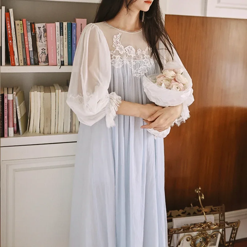 

Women Sweet Pure Cotton Long Nightgown Princess Spring Summer Fairy White Blue Night Dress Vintage Victorian Lace Nightdress