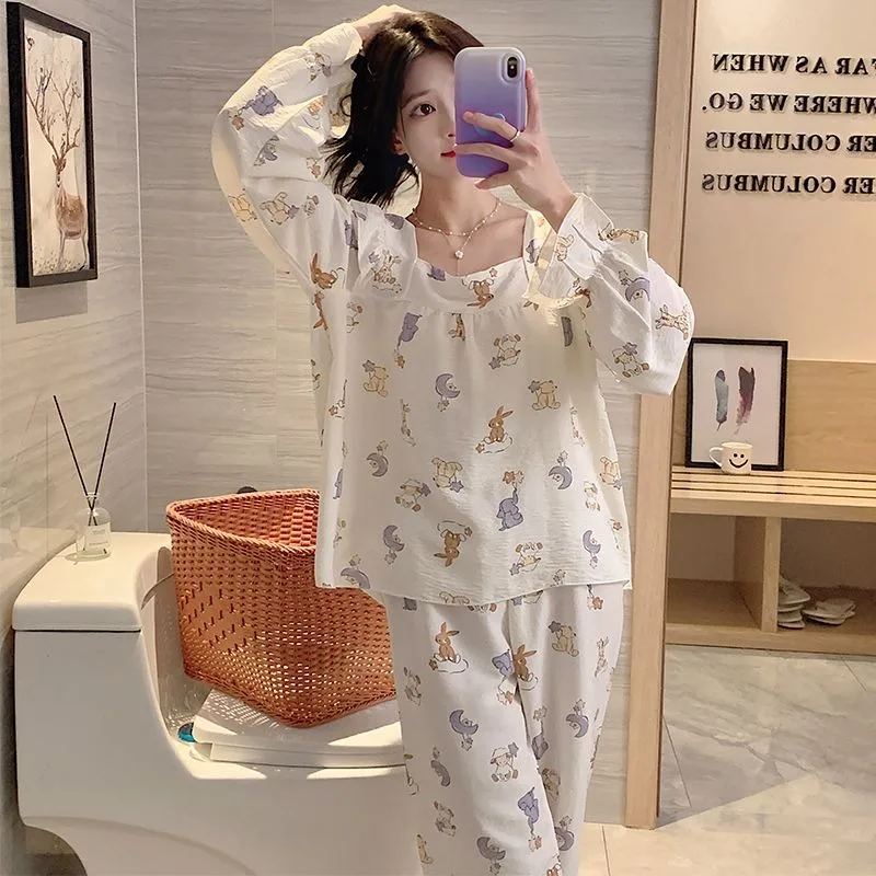 Pijamas finos de manga larga para mujer, conjunto de ropa de dormir bonita y dulce para estudiantes, ropa de casa informal de talla grande, principios de primavera, 2024