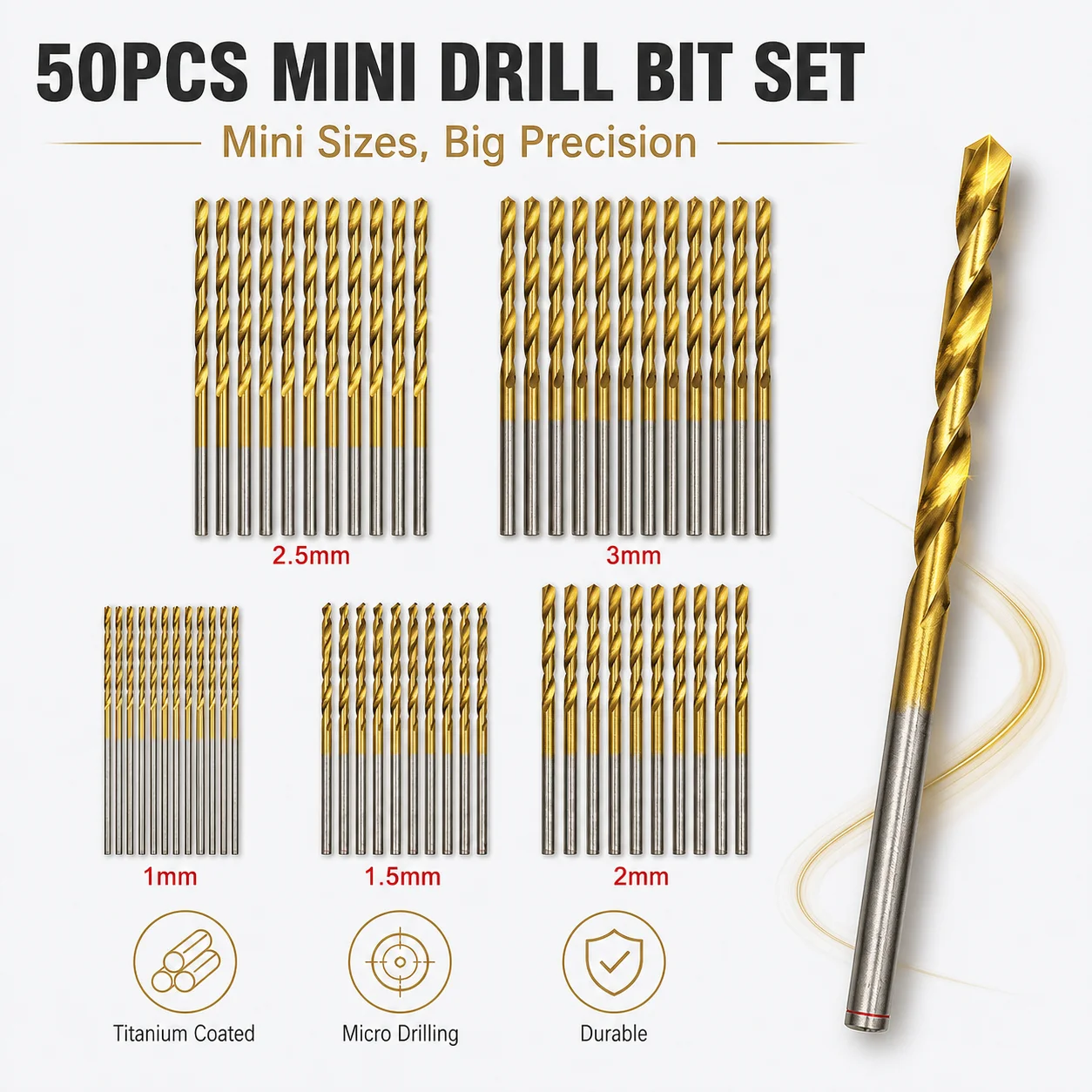 Micro Mini Drill Bits Kit 5 Sizes 1/1.5/2/2.5/3mm Titanium Coated Twist Bits for Jewelry Model Making Plastic Wood Drilling