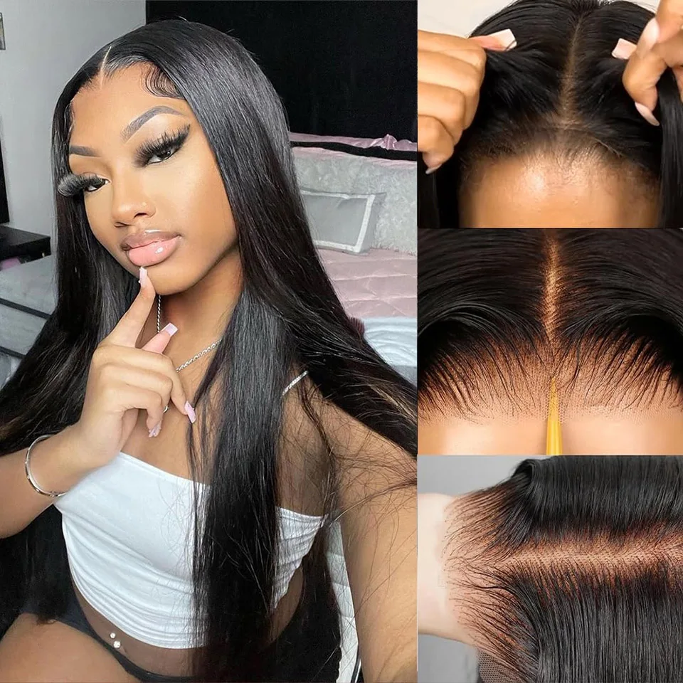 

32-дюймовый длинный прямой парик из натуральных волос с прозрачной кружевной передней частью 13x1, предварительно выщипанный, без клея, натуральный черный