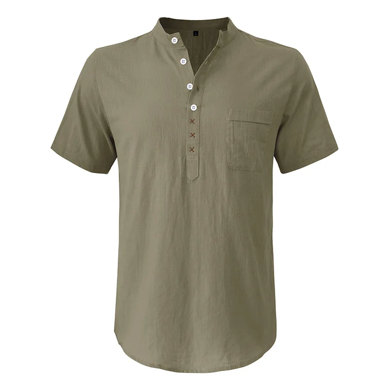 2024 Men's Casual Stand Collar Solid Color Short Sleeve Shirt Hawaii Beach Linen Henry Shirt Men's New Style Clothing