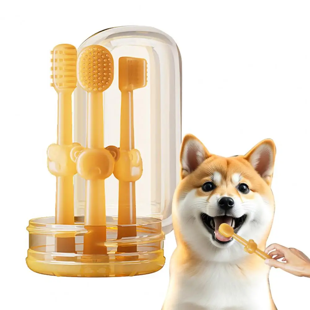 Dog Toothbrush Pet Toothbrush with Soft Silicone Heads Dental Care Kit for Dogs Cats Ergonomic Handle Tongue Cleaner Oral