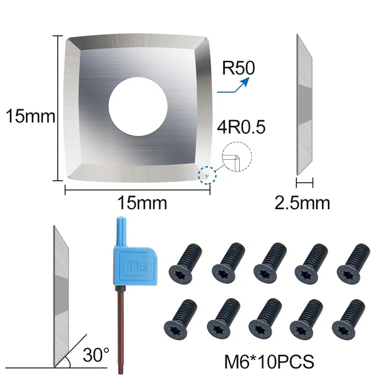XCAN Carbide Cutter Inserts 15x15x2.5mm 30° R50 4R0.5 for Woodworking Helical Planer Head Wood Lathe Turning Rougher Tool