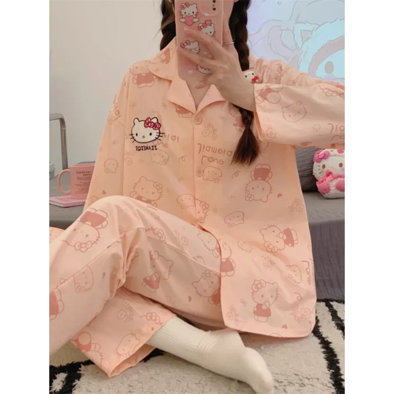 Sanurgente Hello Kitty-Ensemble de pyjamas en coton pour femmes, pyjamas de dessin animé, vêtements d'intérieur confortables pour femmes, FJM, pantalons, automne