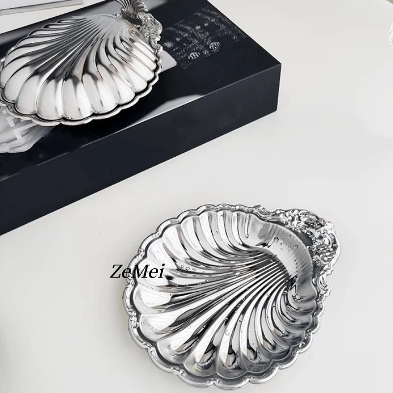 European Style Shell Shape Water Ripples Fruit Plate,Silver Stainless Steel Plate Home Food Tray,Snack Disc Table Decoration view 4