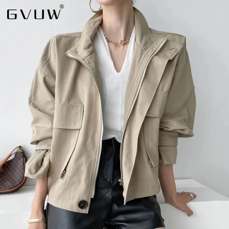 

GVUW Women Lapel Jackets Zipper Full Sleeve Pockets New 2024 Solid Color Outwear Niche Design Female Casual Clothing 17G8291