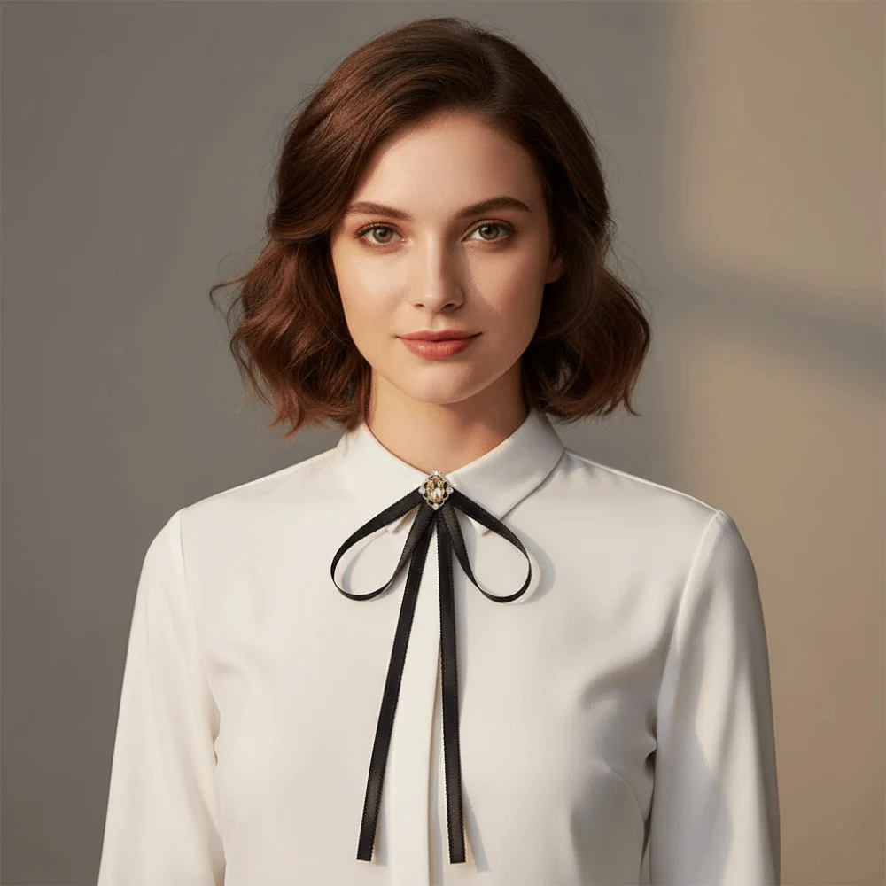 Sparkling Solid Color Black Ribbon Pin Rhinestones Pearl Black Bow Necktie Multi-layer JK Ribbon Badge Brooch Girl