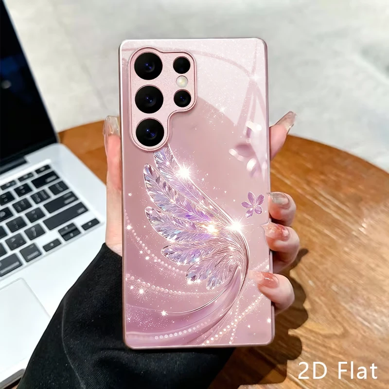 Pink-Purple Crystal Wings 2D Case for Samsung S26 S25 S24 S23 S22 S21 S20 A56, Pink Metallic Powder Glass Shockproof Cover