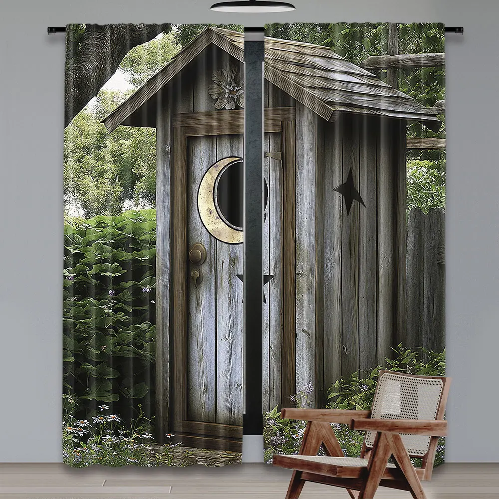 2Pcs Outhouse Curtain Vintage Farm Life Cottage Barn Shed In Forest Trees Leaves For Bedroom Living Room And Dining Room A