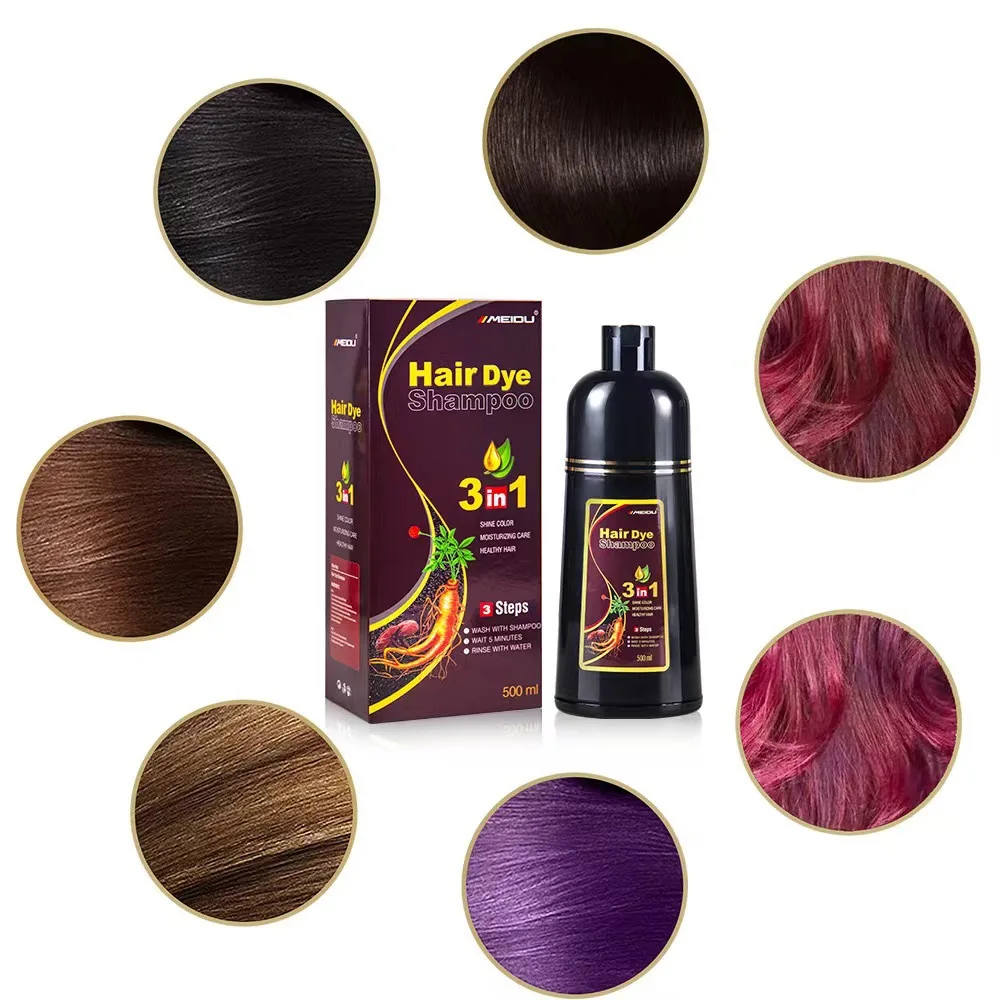 Champô para Colorir Instantâneo para Homens e Mulheres, 3 em 1, Cor Preta Natural, Corante Herbal, Castanho, Roxo