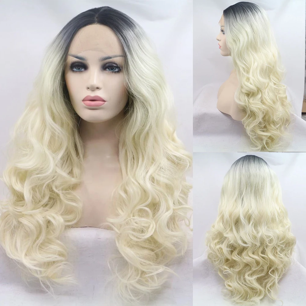 AIMEYA Ombre Blonde Wig Synthetic Lace Wigs Black Roots Lace Front Wigs for Women Heat Resistant Fiber Synthetic Frontal Wig