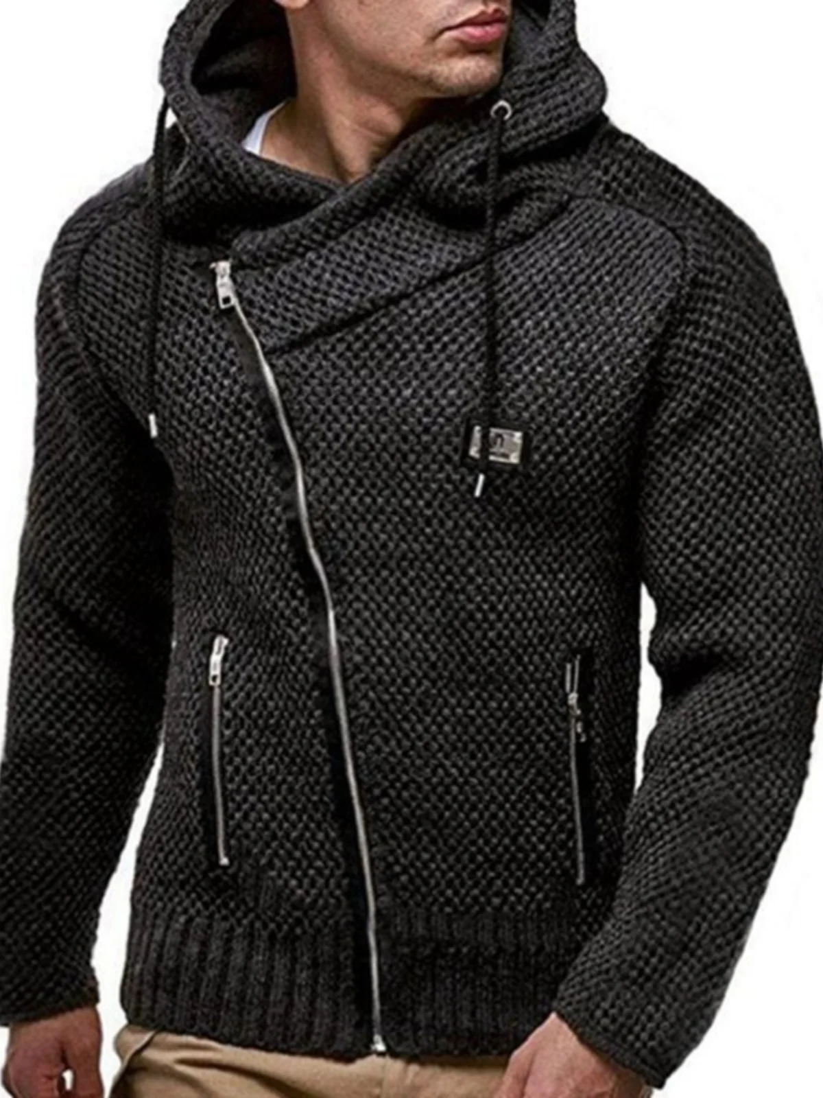 

Модный черный свитер с диагональной молнией, молодежный, утепленный, с длинными рукавами, повседневный, приталенный, вязаный кардиган