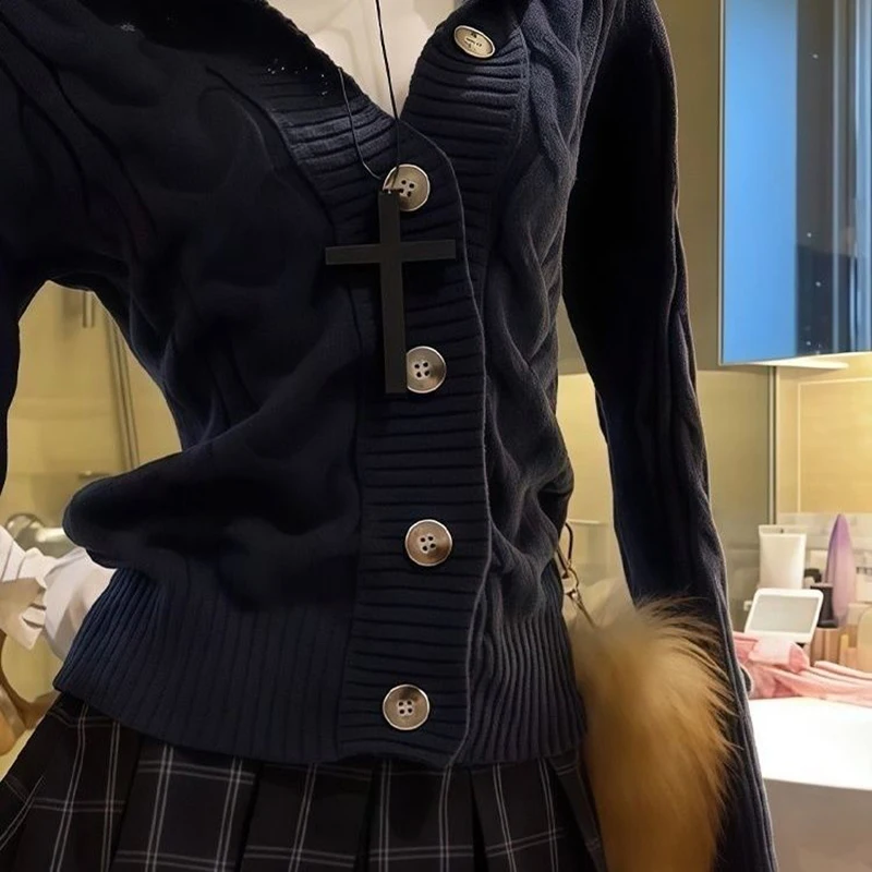 Damski kardigan z kapturem, dzianinowy, zapinany na guziki, z długim rękawem, sweter na wiosnę i jesień, luźny, w stylu lazy preppy, Harajuku Y2K, płaszcz.