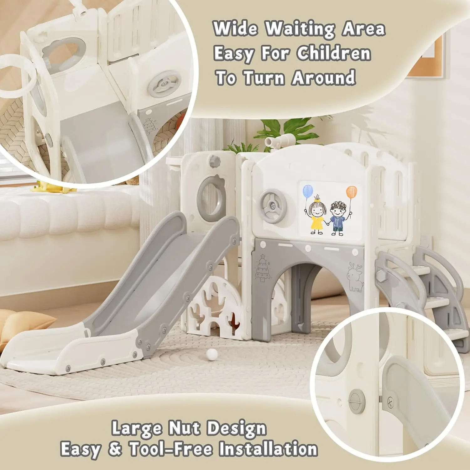 Indoor Toddler Slide with Drawing Board, Golf Set, Basketball Hoop - Kids Playground for 1-3 Year Olds, Non-Slip Steps & Storage