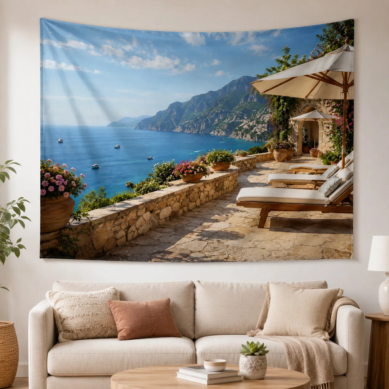 Mediterranean Sea View Tapestry Wall Hanging Coastal Boho Room Decor Aesthetic Bedroom Living Room Landscape Hanging Cloth