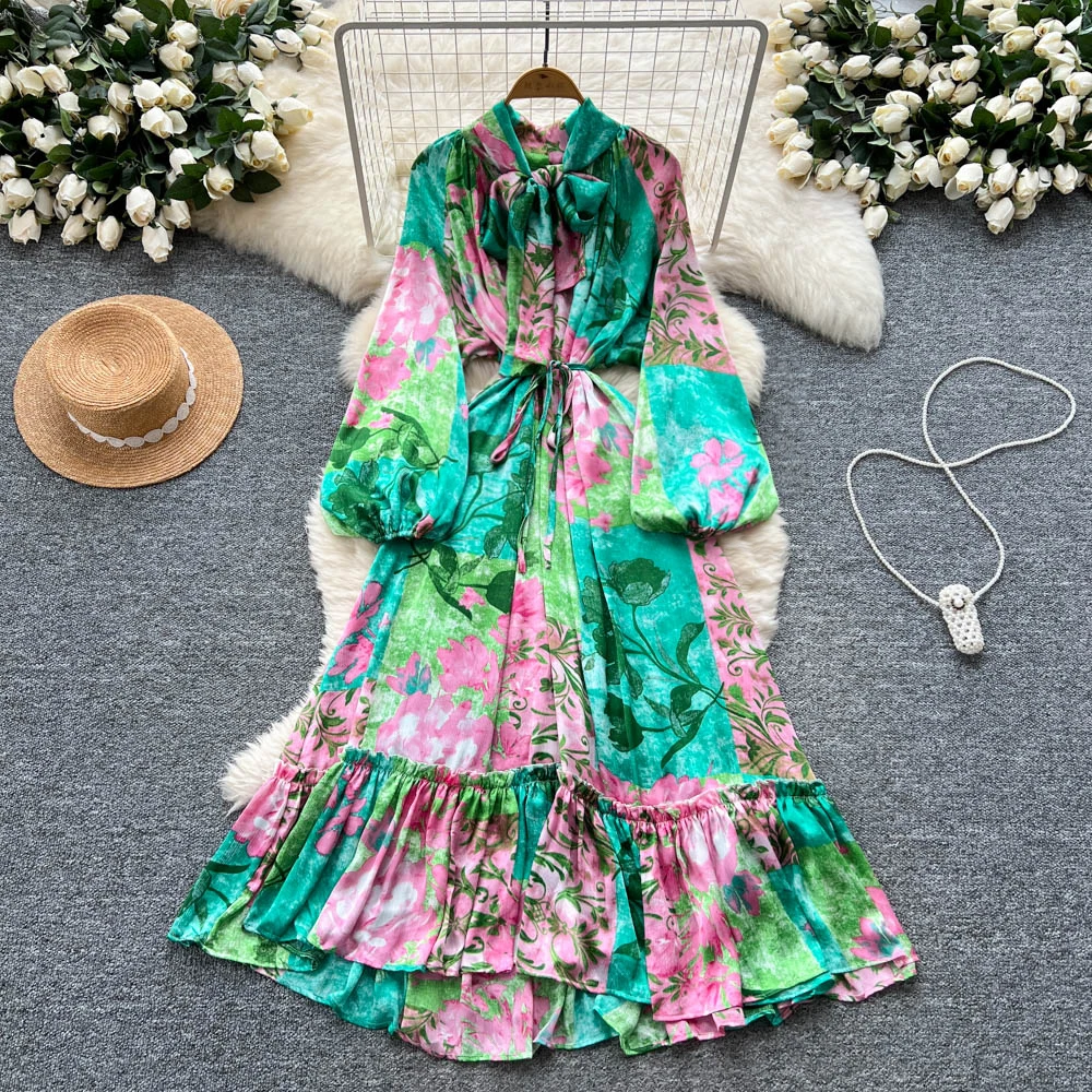 

Сексуальное платье с длинными рукавами и пышными рукавами на шнуровке с принтом, шикарное винтажное вечернее клубное женское шикарное летнее пляжное длинное платье