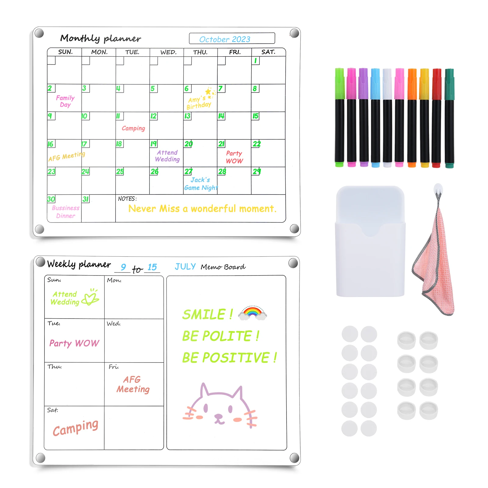 Clear Acrylic Magnetic Dry Erase Board with Monthly &Weekly Planner 16'x12'' Writing Board Fridge Reusable Planner w/10 Markers